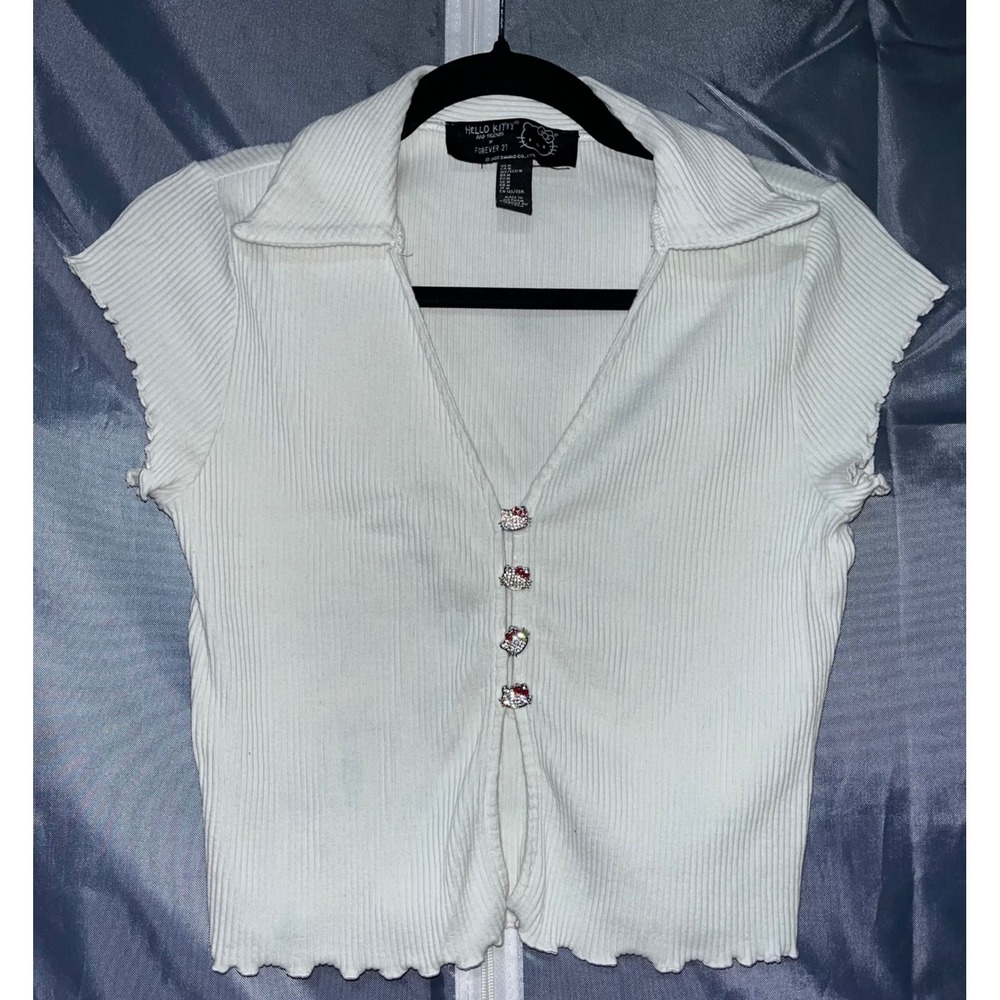 Hello Kitty x Forever 21 White Ribbed Collared Top Rhinestone Buttons Size M